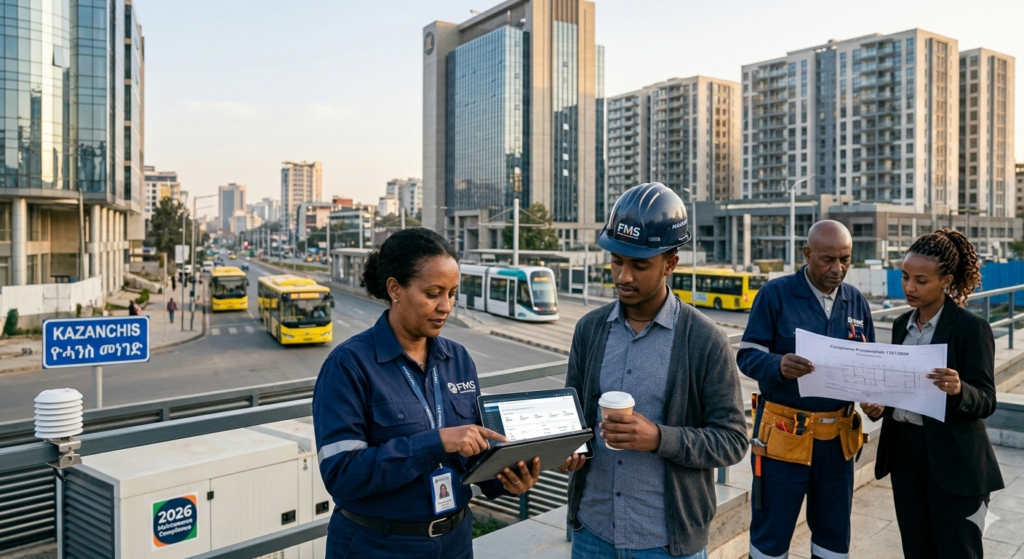 Professional facility management Addis Ababa team monitoring smart building systems.